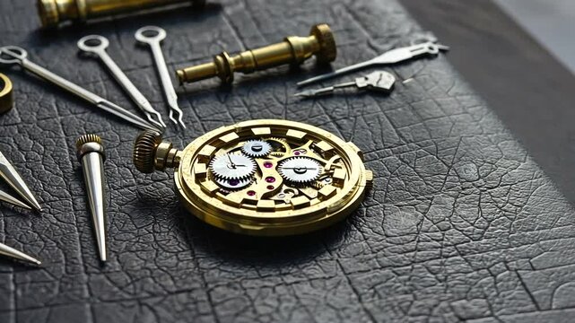 Close-up of a vintage pocket watch surrounded by watchmaking tools on a textured leather surface