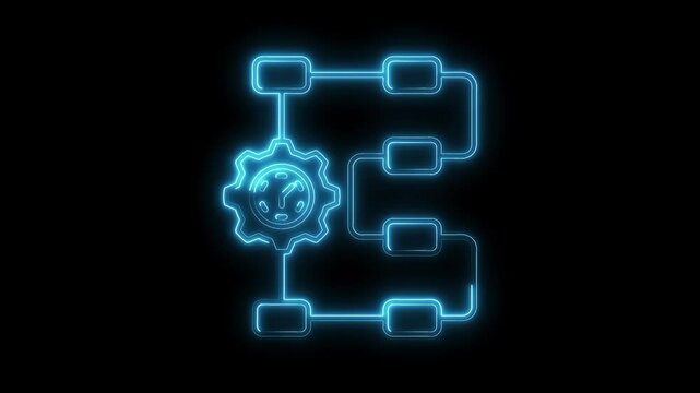 Neon flowchart with clock gear icon on dark background depicting automated process execution