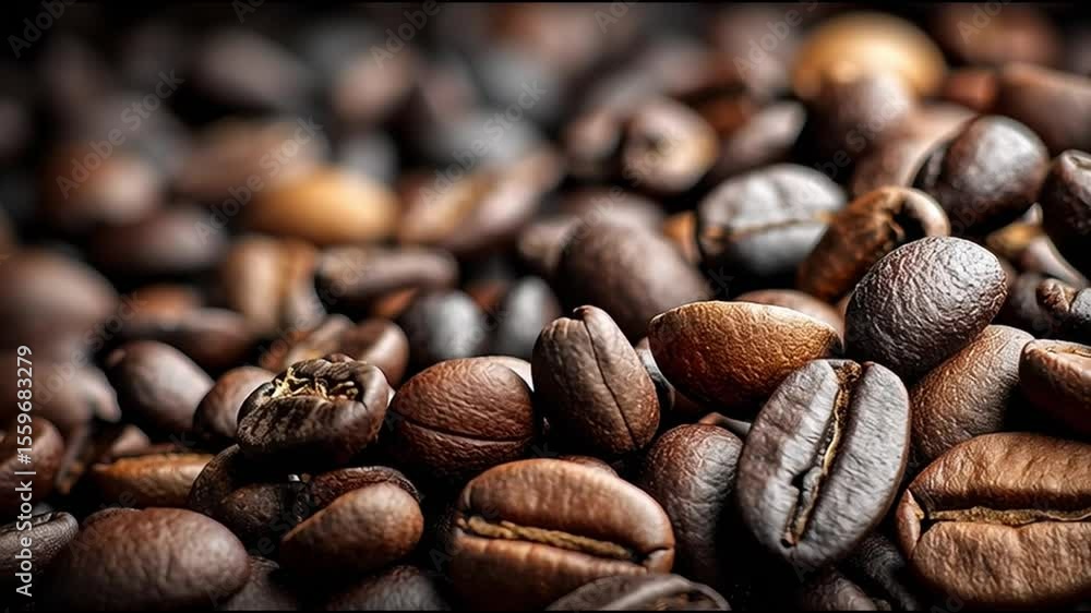 Poster Freshly Roasted Coffee Beans Showcasing a Range of Colors and Textures in a Close-Up Setting