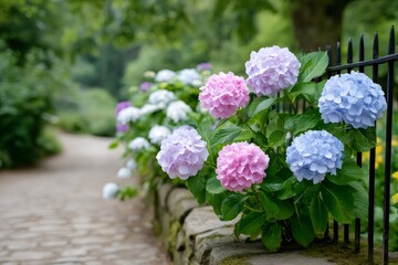 Colorful hydrangeas growing by a black, wrought iron fence in a garden
