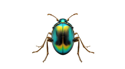 Iridescent leaf beetle showcases vibrant, striking colors of teal, green, and yellow on a clean transparent background.