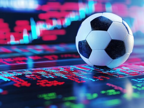 A soccer ball rests on a digital display showing vibrant financial data and market trends, illustrating the intersection of sports and technology in a dynamic way.
