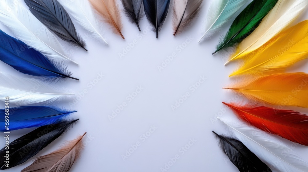Poster a collection of vibrant feathers in various colors is laid out in a circular formation on a plain su