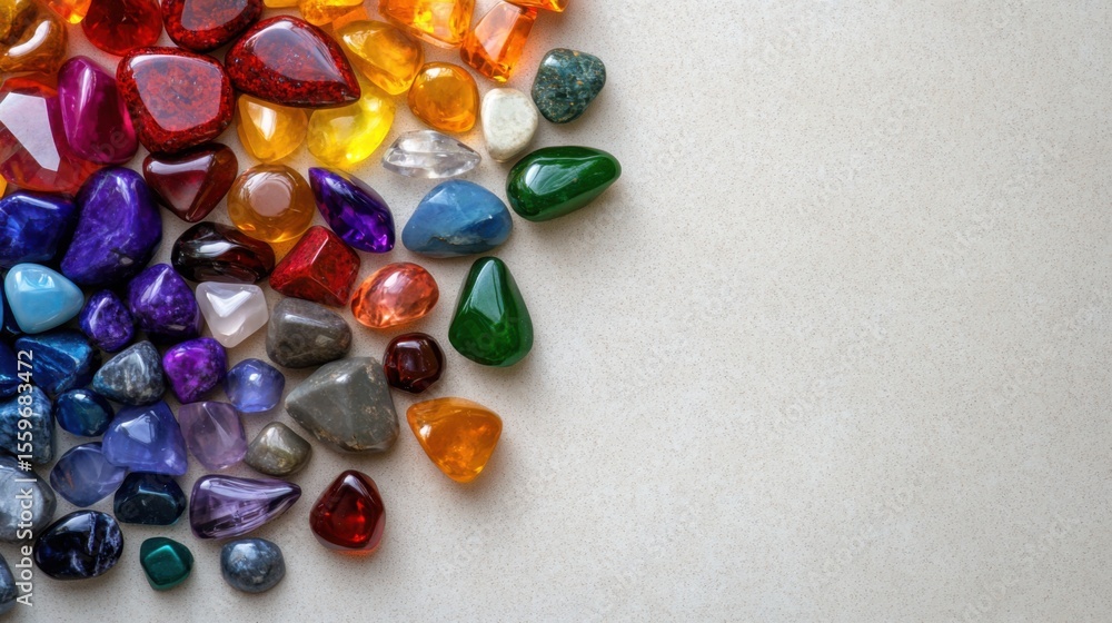 Poster a vibrant collection of polished gemstones features various shapes and colors, creating an inviting 
