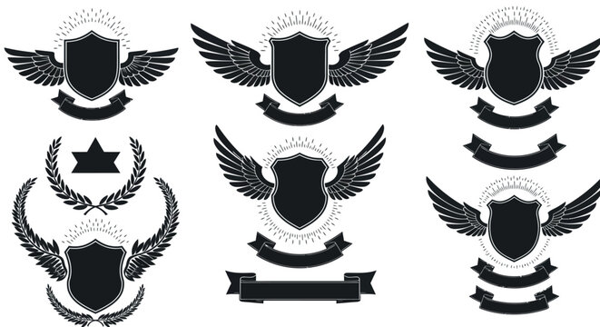 Classic heraldic shields with wings vector illustration for logo design, print, or poster