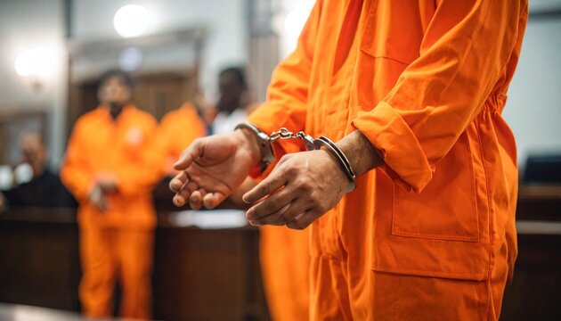 A close-up of a handcuffed convict in an orange jail jumpsuit during a law and justice court trial. The focus is on the handcuffs binding the wrists of the accused criminal.