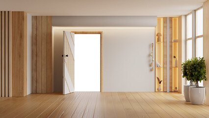 Modern wooden interior featuring a white open transparent, a potted plant, and minimal natural decorations on wooden shelves- 3D rendering
