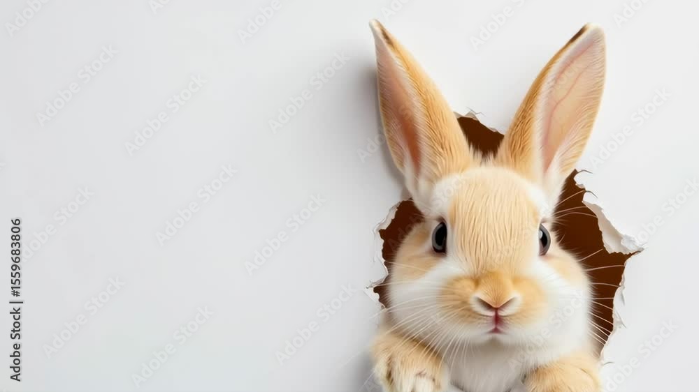 Poster a rabbit peeks out from a hole in a wall. the rabbit is looking at the camera and he is curious abou