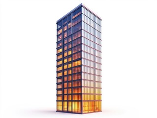 A sleek glass skyscraper shines with warm orange hues during sunset. The building's contemporary design stands tall amidst an urban landscape, showcasing innovative architecture.