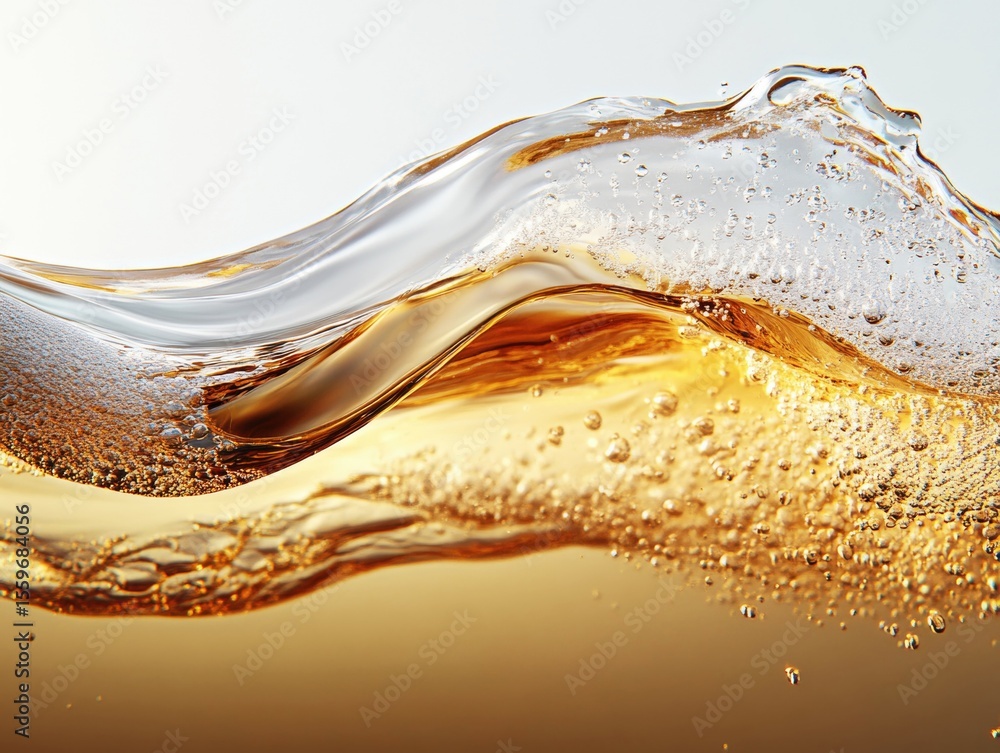 Poster a vibrant liquid wave moves gracefully, capturing light with its golden tint. tiny bubbles add textu