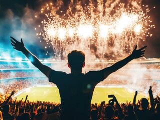Fans cheer wildly as colorful fireworks light up the night sky during an intense soccer match. The electric atmosphere and united energy create a memorable experience.