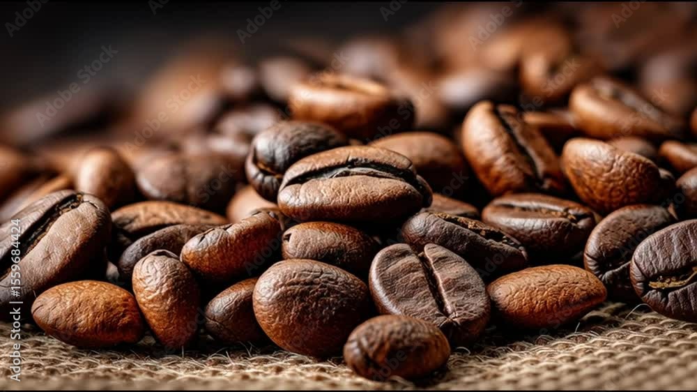 Poster Exploring the Rich Textures and Aromas of Freshly Roasted Coffee Beans on a Burlap Background