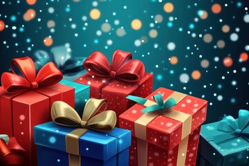 Vector illustration of holiday gift boxes with bows in 3D style background, festive and cheerful