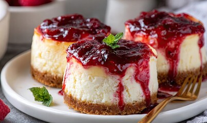 Three mini cheesecakes topped with raspberry sauce