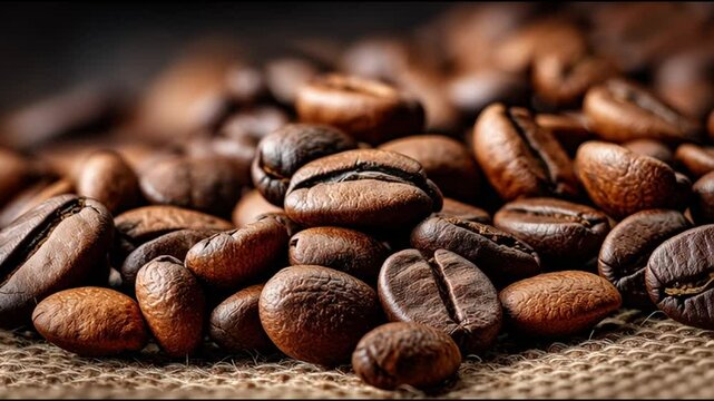 Exploring the Rich Textures and Aromas of Freshly Roasted Coffee Beans on a Burlap Background