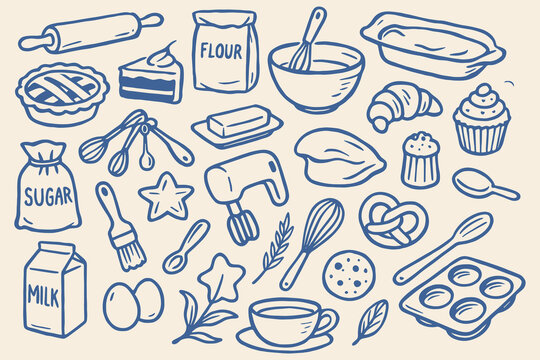 Collection of bakery and cooking doodles featuring essential ingredients and equipment illustrations line art
