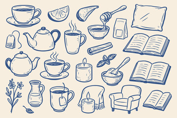 Collection of cozy hygge lifestyle objects with tea cups, books, armchair and candles for relaxation