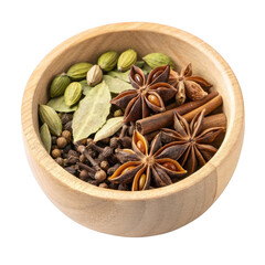 Wooden bowl of spices isolated on transparent background