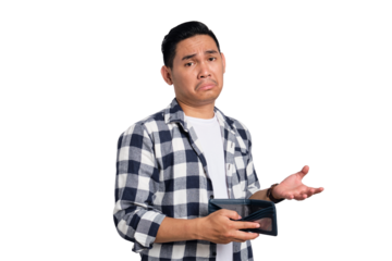 No money. Sad young Asian man in casual shirt showing empty wallet, having financial problems isolated on transparent background