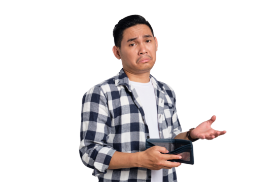 No money. Sad young Asian man in casual shirt showing empty wallet, having financial problems isolated on transparent background