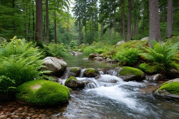 Fototapeta premium Pristine river flowing through lush green forest