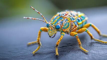 Fototapeta premium Close-up of a vibrant, colorful jeweled beetle on a dark surface.