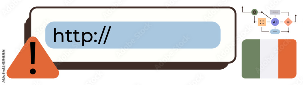 Poster browser address bar with error alert symbol, ai process flowchart, and ireland flag. ideal for cyber