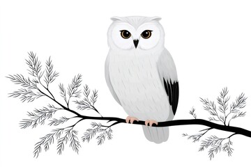 Fototapeta premium Snowy owl perched on a tree branch looking intensely