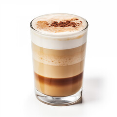 Layered coffee drink with foam and chocolate sprinkles in a glass cup