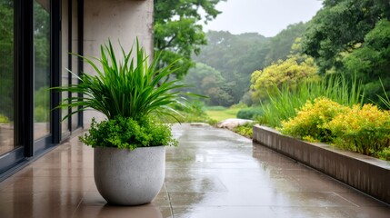 Green plants growing in modern outdoor concrete planter during summer rain