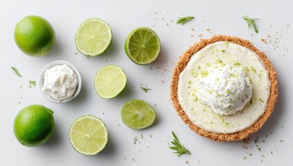 Overhead shot of key lime pie with whipped cream, surrounded by whole and halved limes, lime zest, and a small bowl of cream