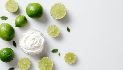 Overhead shot of a glass bowl of white cream surrounded by whole and halved limes and small green leaves on a white background