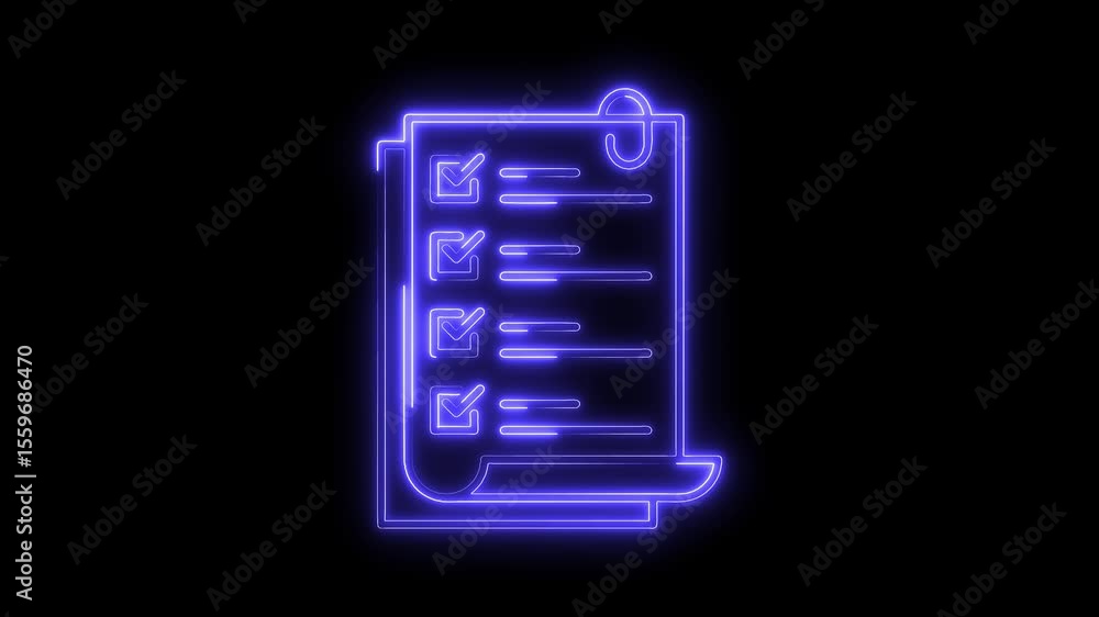 Poster glowing neon checklist animation against black background illustrating task completion and organizat