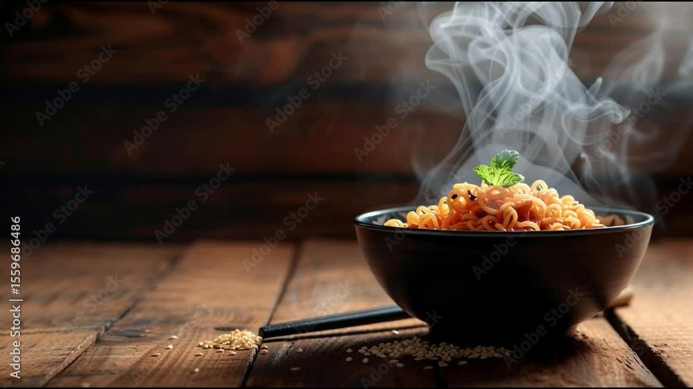 Poster steaming bowl of noodles with herbs on rustic wooden table