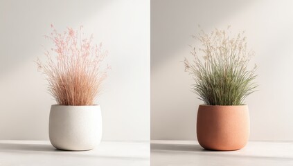 Two minimalist potted grasses, one peachy-pink, the other green-gold, in round, muted-tone planters against a bright white wall