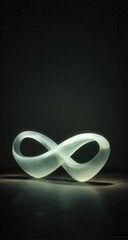Frosted glass sculpture shaped like an infinity symbol, softly lit against a dark background, casting a subtle shadow