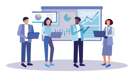 Group of four business people standing with laptops and presentation charts on a screen board