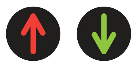 Simple up and down arrows. Upward, downward arrows in green and red isolated on white background, set of two. Vector illustration. EPS 10