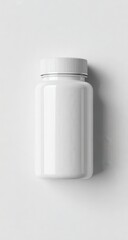A clean, overhead shot of a blank white plastic pill bottle with a white lid, against a bright white background, casting a subtle shadow