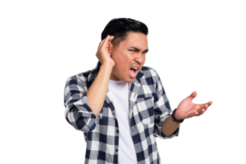 Can't hear you. Curious young Asian man in casual shirt holding hand near ear, trying to listen to something isolated on transparent background