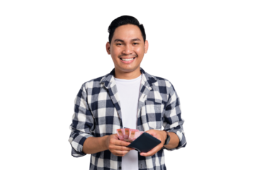 Successful financial planning. Smiling young Asian man in casual shirt taking money from wallet with happy facial expression isolated on transparent background