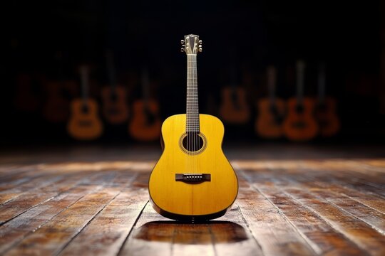 Acoustic Guitar on Wooden Floor Musical Instrument Close up Shot - Powered by Adobe