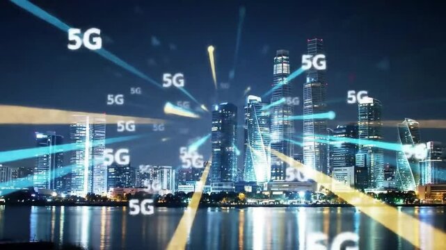 Stunning Night Cityscape 5 G Network Technology Futuristic Smart City Digital Transformation High
