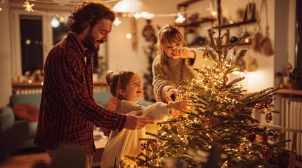A happy family decorates a glowing Christmas tree together in a cozy living room. A joyful and festive scene celebrating holiday traditions, love, and togetherness.
- Powered by Adobe
