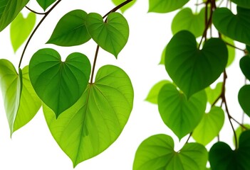 Heart-shaped green leaves of a hanging liana vine, isolated on white Clipping path included,   image,   vine plant