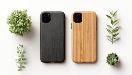 Two phone cases, one dark wood-grain, one light bamboo, displayed on a white background with small potted plants