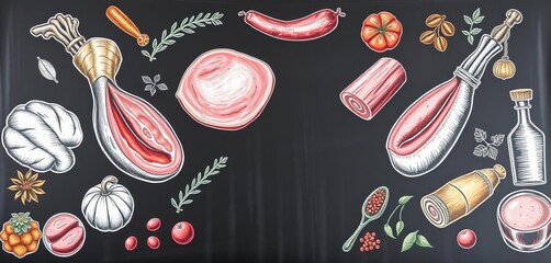 Hand-drawn vintage meat products, ham, sausages, jamon, spices, herbs, chalkboard background, design, design