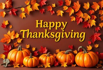 Happy Thanksgiving banner with autumn leaves, pumpkins, and festive design,  friends,  cornucopia