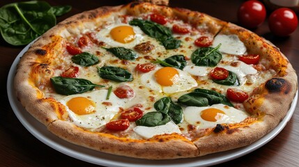 Delicious Pizza Topped with Eggs Fresh Tomatoes and Spinach on Crust