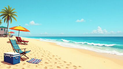 Obraz premium A sunny beach scene with palm trees, lounge chairs, umbrella, cooler and a towel near the ocean.